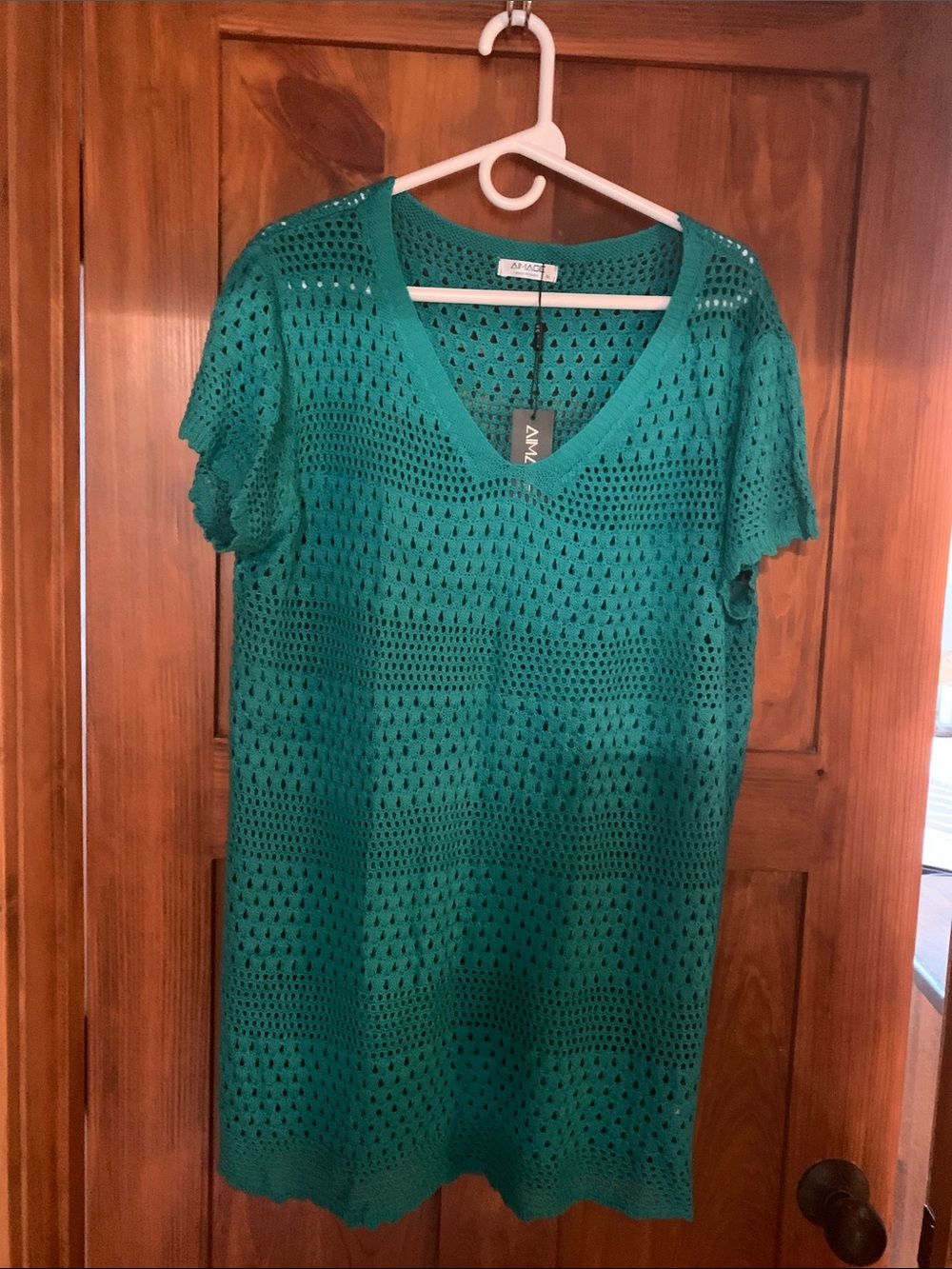 Teal Open-Knit V-Neck Cover-Up Tunic, size XL